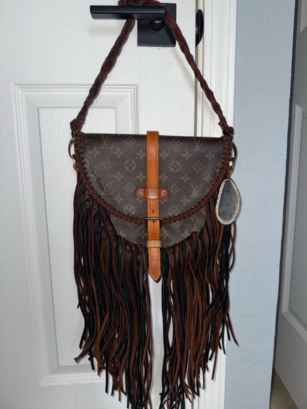 Vintage Boho Louis Vuitton Fringe Shoulder Bag with Buckle and Braided Strap